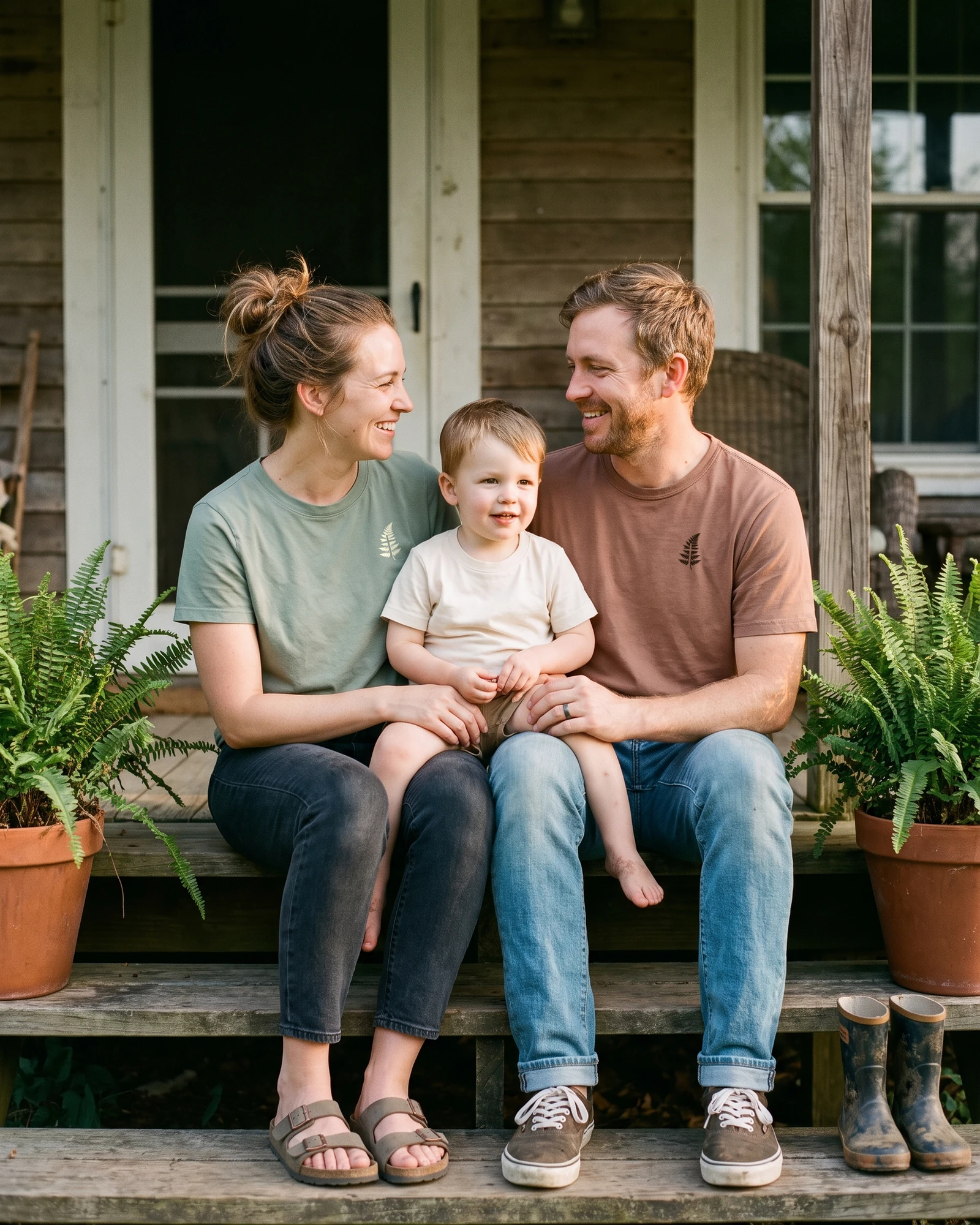 A mom in the Everyday Tee in Aloe and a dad in Heritage Brown sitting on porch steps with their toddler